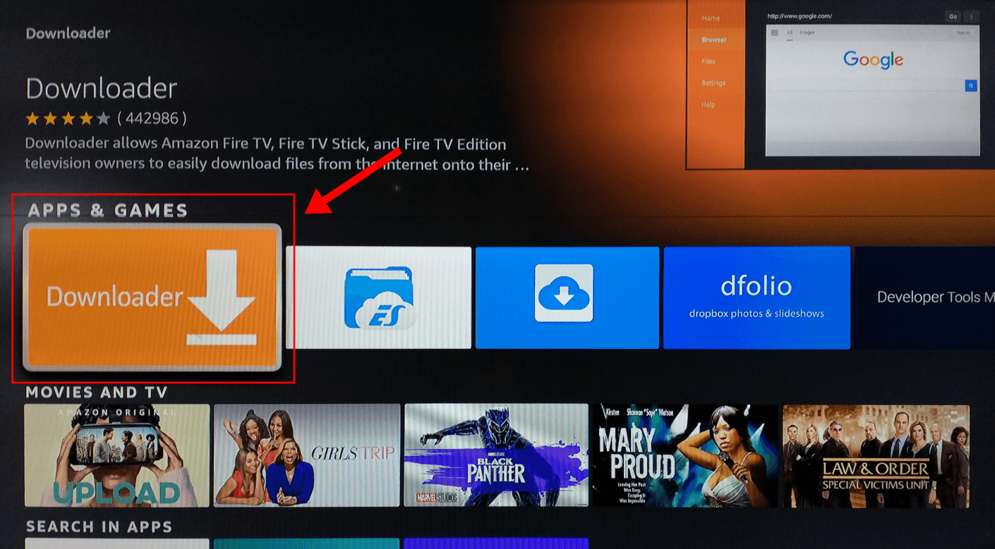 Downloader app highlighted in Amazon Fire TV Appstore